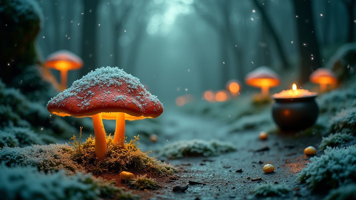 Un paisaje campestre irlandés nevado con setas brillantes y un caldero de oro.