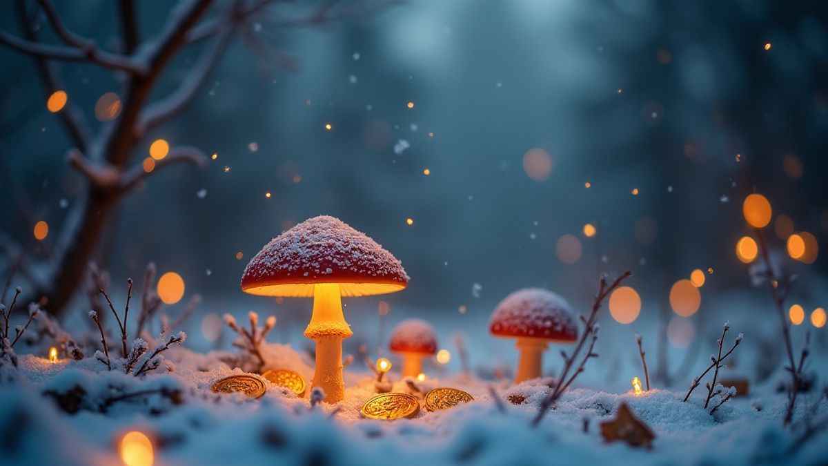 Luces navideñas en un prado nevado con setas y monedas de oro.