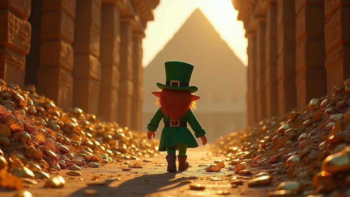 Ein Leprechaun in einer ägyptischen Pyramide voller Schätze.