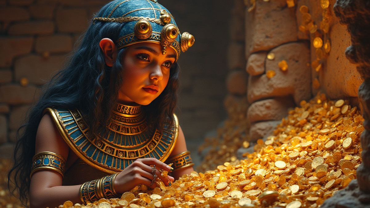 Cleopatra neben einem Schatz, während eine Mumie lauert.