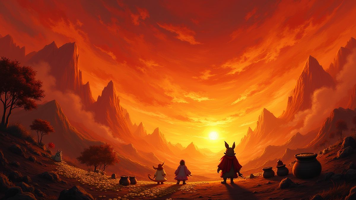 Paisaje infernal con calderos de oro y personajes traviesos.
