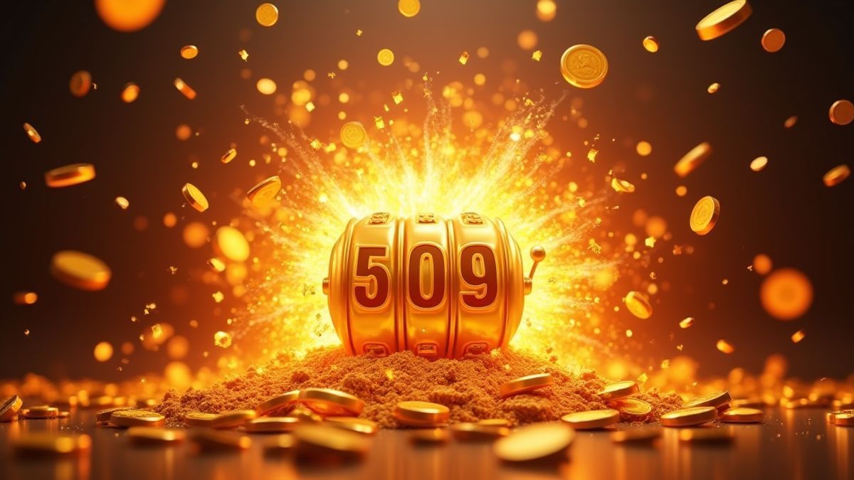 Explosión de jackpot rodeada de monedas de oro y fuego.