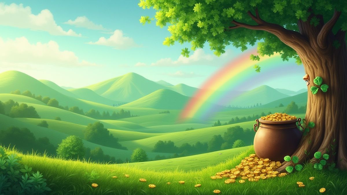 Paisaje irlandés con tréboles y un arcoíris.