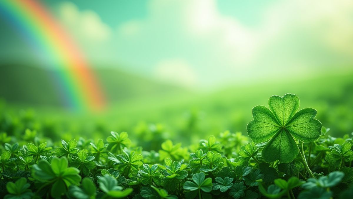 Paysage irlandais avec des trèfles et un arc-en-ciel.
