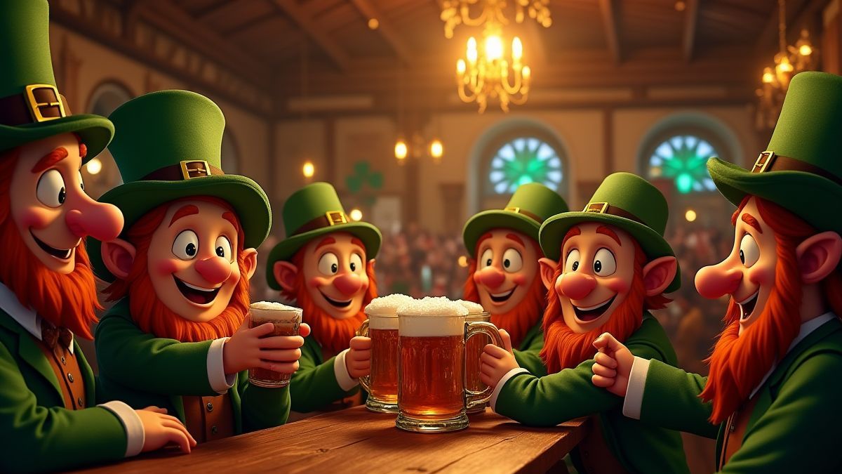 Cena animada de um pub irlandês cheio de alegria.