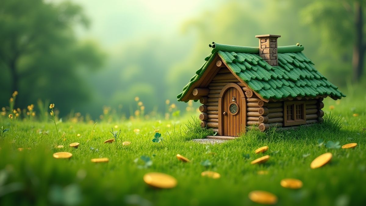 Ierse weide met houten huis en gouden munten