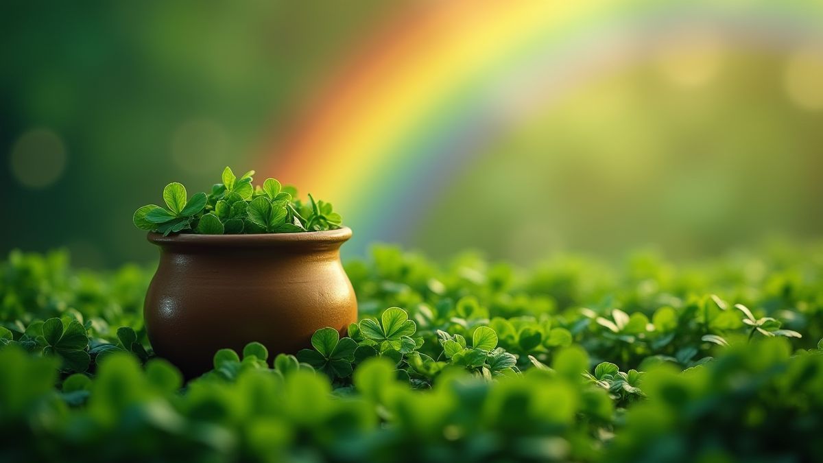 Pot goud omringd door klavertjes en regenboog