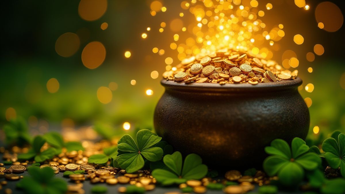 Ein Goldtopf umgeben von leuchtenden Kleeblättern und magischen Funken.