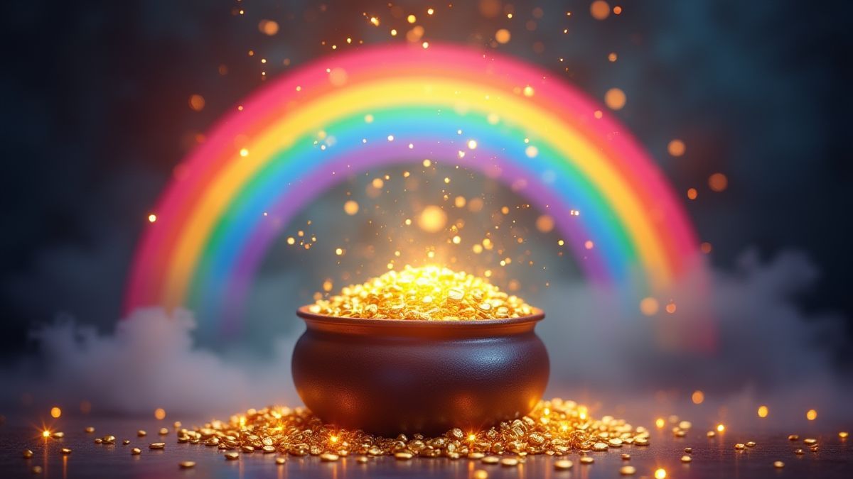 Ein lebendiger Regenbogen, der zu einem Goldtopf führt, umgeben von magischen Funken.