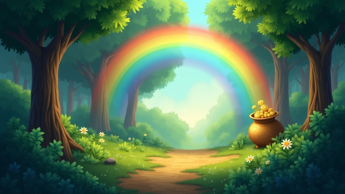 Ein Goldtopf unter einem Regenbogen in einem magischen Wald.