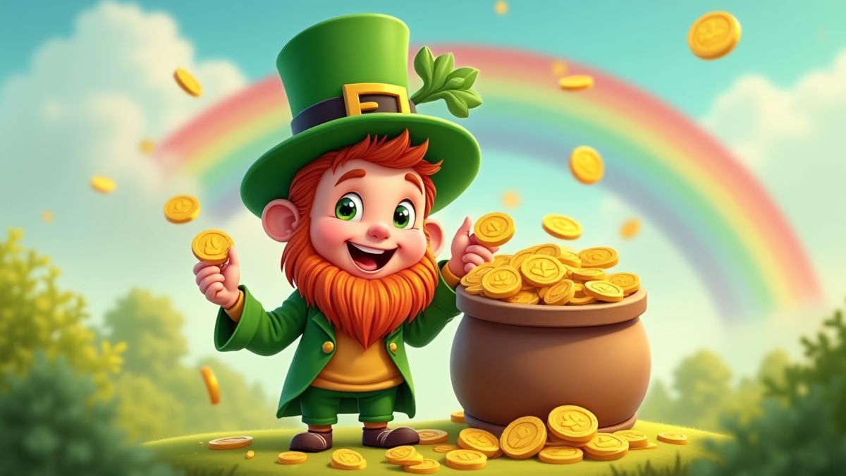 Ein Leprechaun, der Goldmünzen unter einem Regenbogen hält.