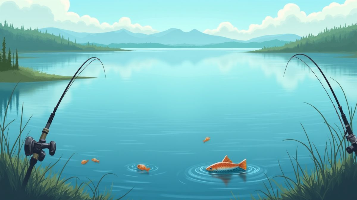 Un lago tranquilo con peces nadando y equipo de pesca.