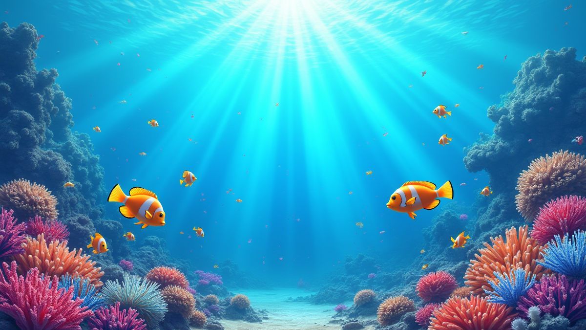 Escena submarina vibrante con arrecifes de coral y peces coloridos.