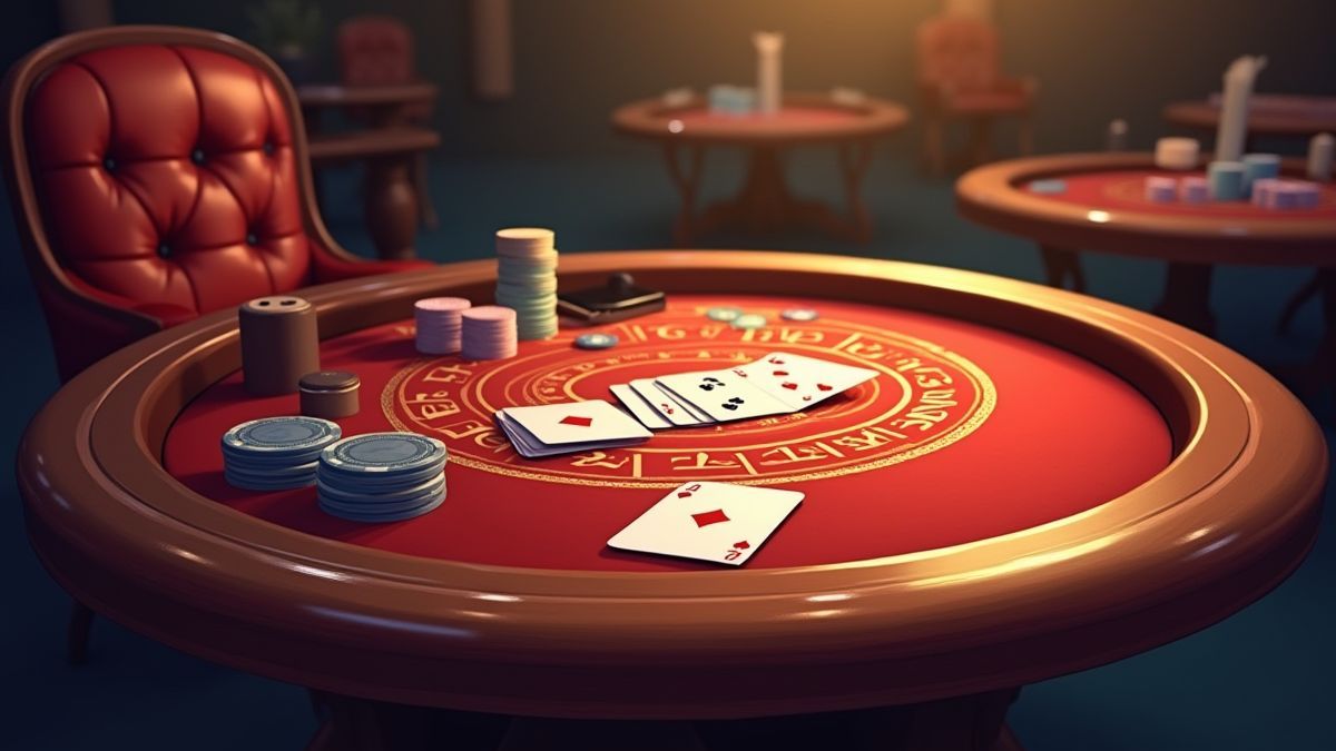 Mesa de cassino vintage com cartas e fichas sob uma iluminação suave.