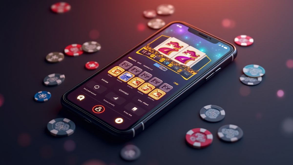 Um smartphone mostrando a interface de um jogo slot com fichas e cartas.