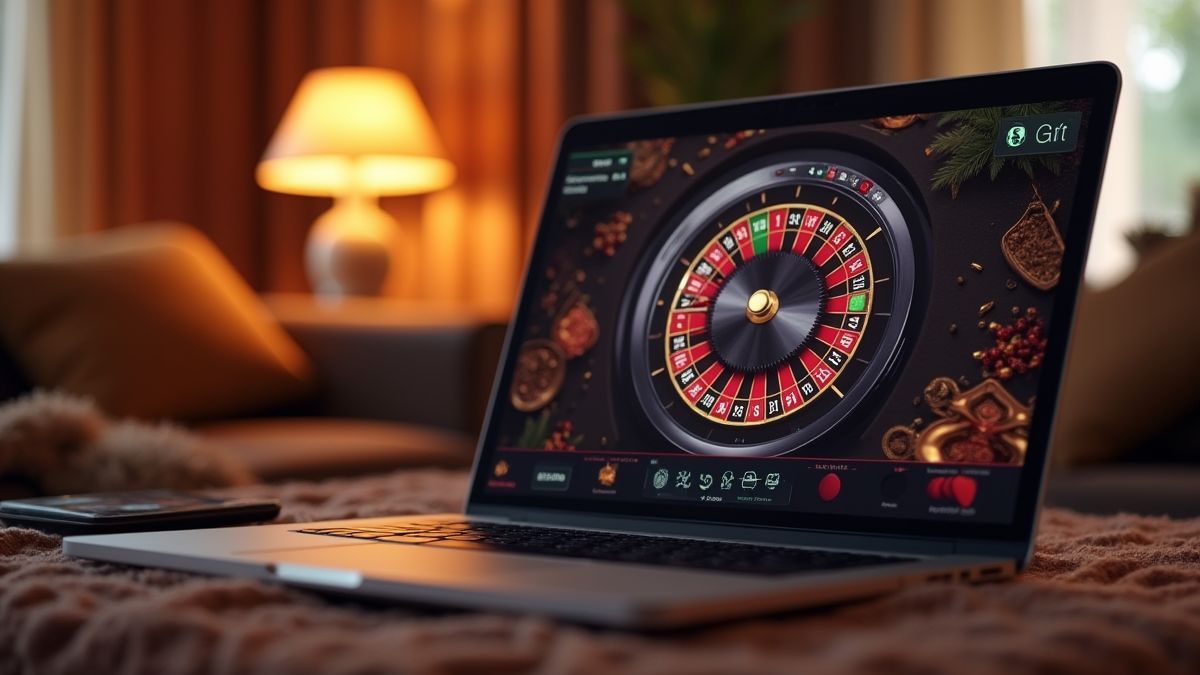 Sala de estar acolhedora com um portátil mostrando a interface de um jogo de cassino.