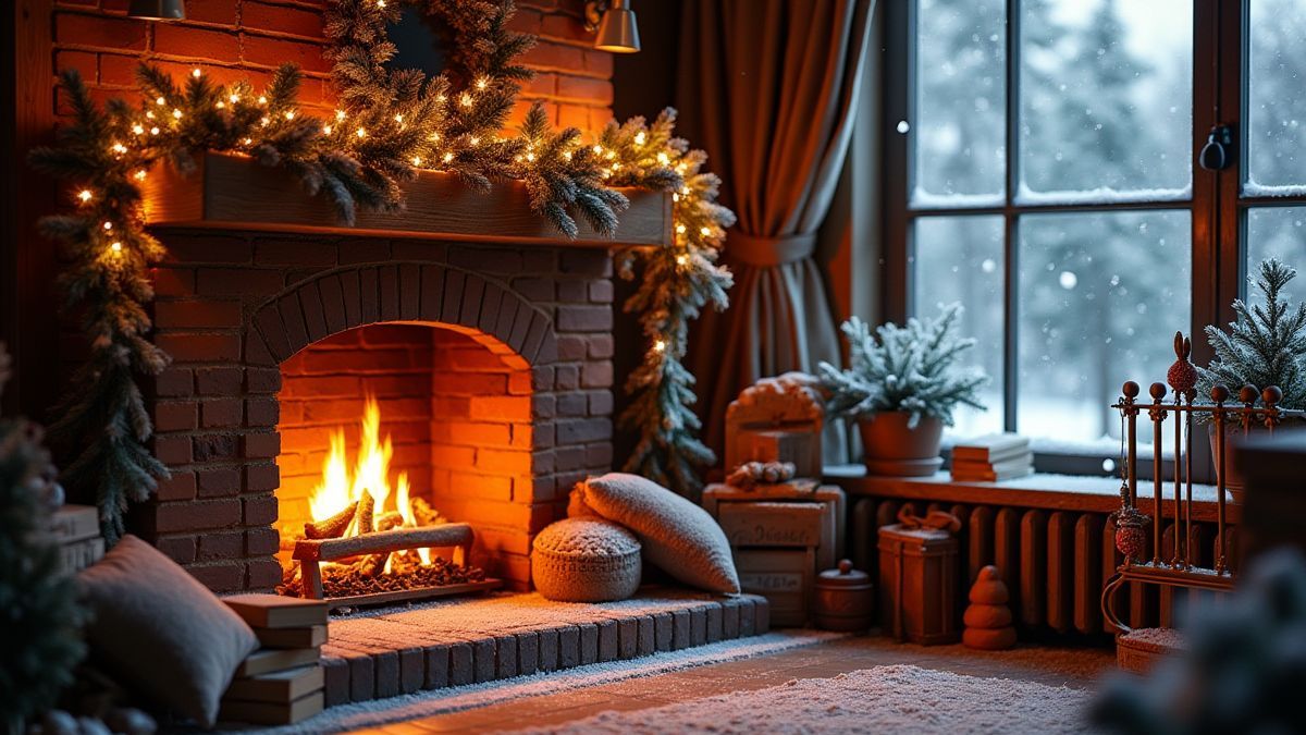 Cheminée entourée de décorations de Noël et neige à l'extérieur.