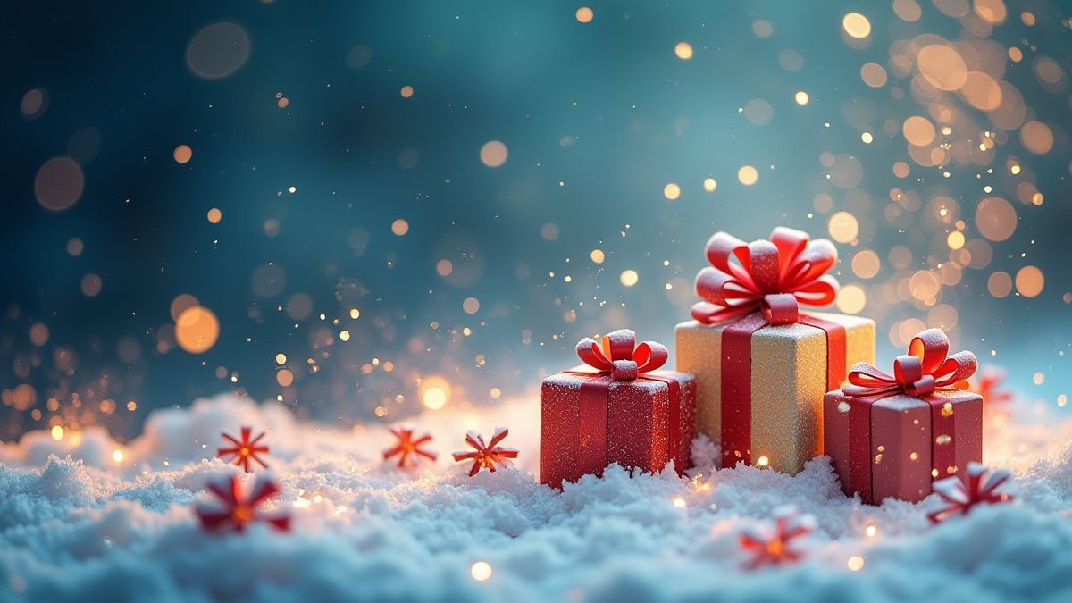 Flocons de neige et boîtes de cadeaux tourbillonnant dans un vent magique.