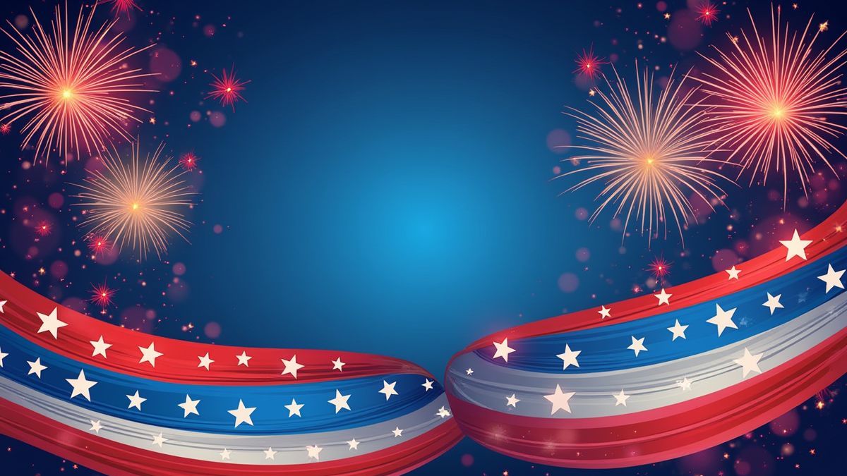 Fundo com temática americana: estrelas, listras e fogos de artifício