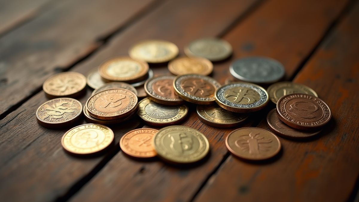 Moedas e fichas de máquinas caça-níqueis sobre uma mesa de madeira