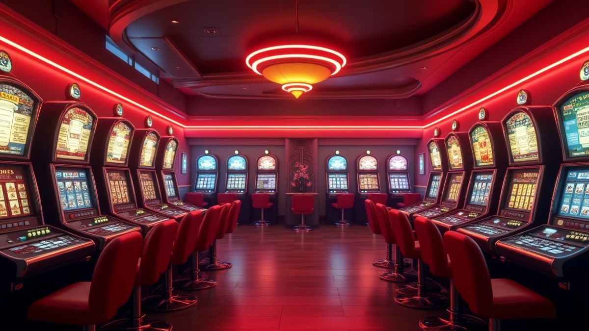 Retro casino interieur met gokkasten en klassieke decoratie.