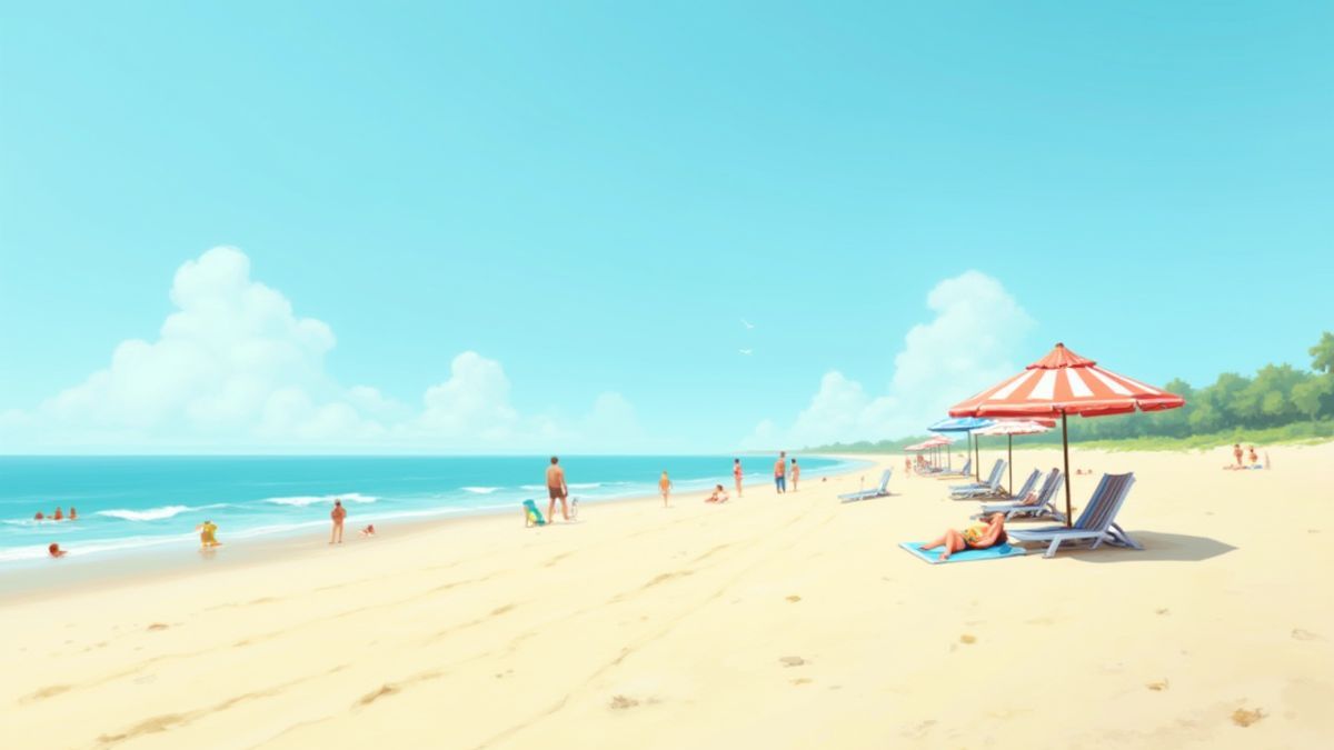 Sonniger Strand mit Sonnenschirmen und lebhafter Atmosphäre