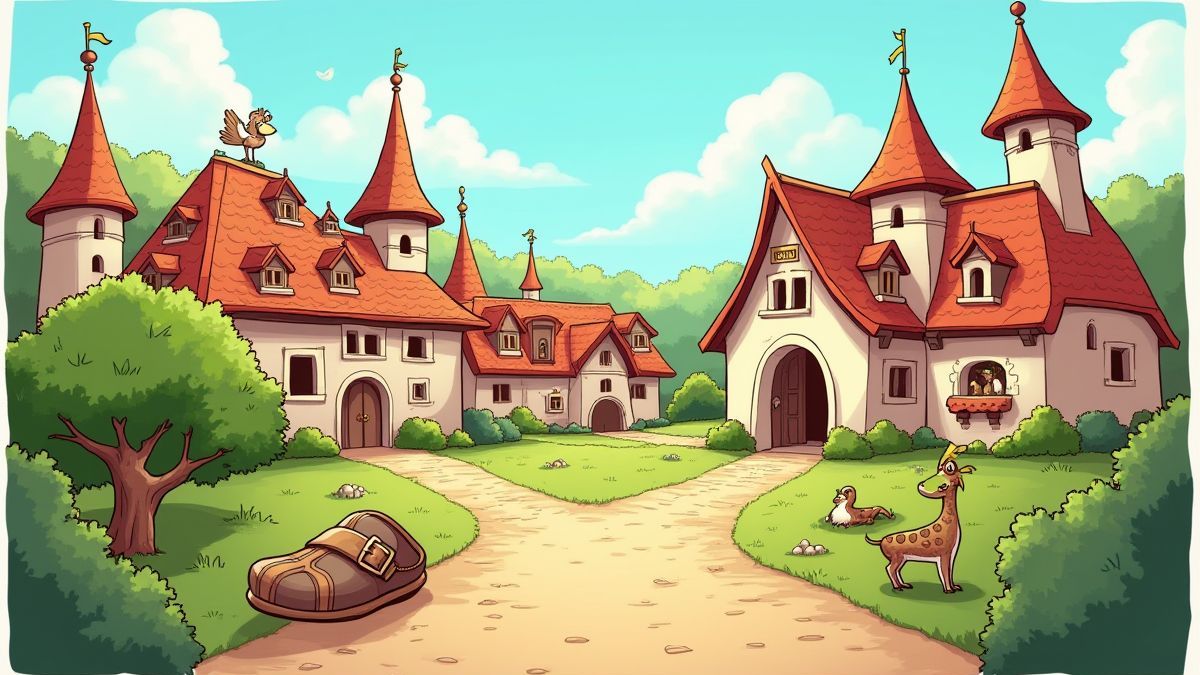 Una aldea medieval caricaturesca con detalles como un arbusto de enebro y una sandalia gigante.