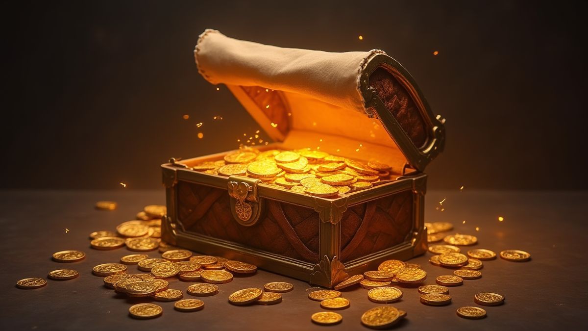 Un cofre del tesoro resplandeciente rodeado de monedas doradas y un pergamino medieval.