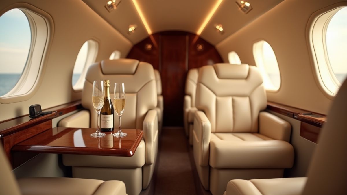 Interior de un jet privado de lujo con champán y asientos cómodos.