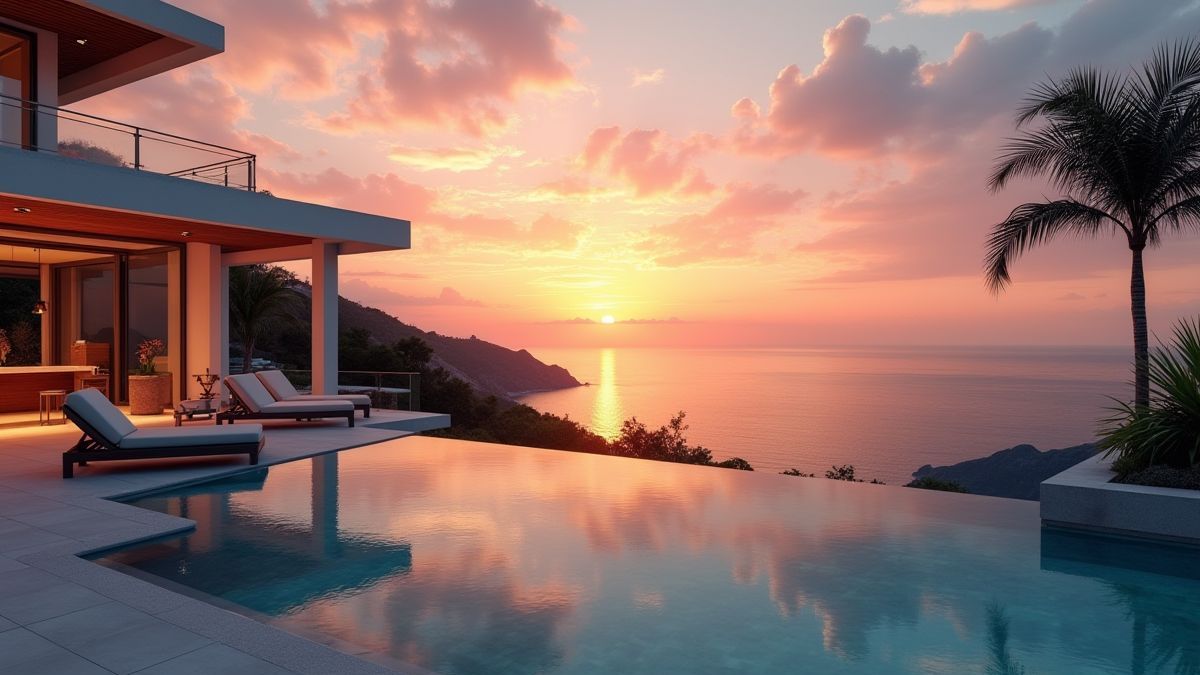 Vista de un atardecer desde una villa de lujo con vistas al océano.