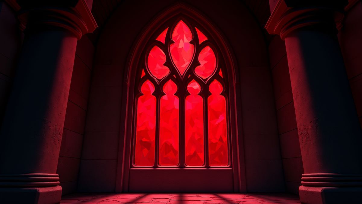 A gothic stained glass window with red and black tones.