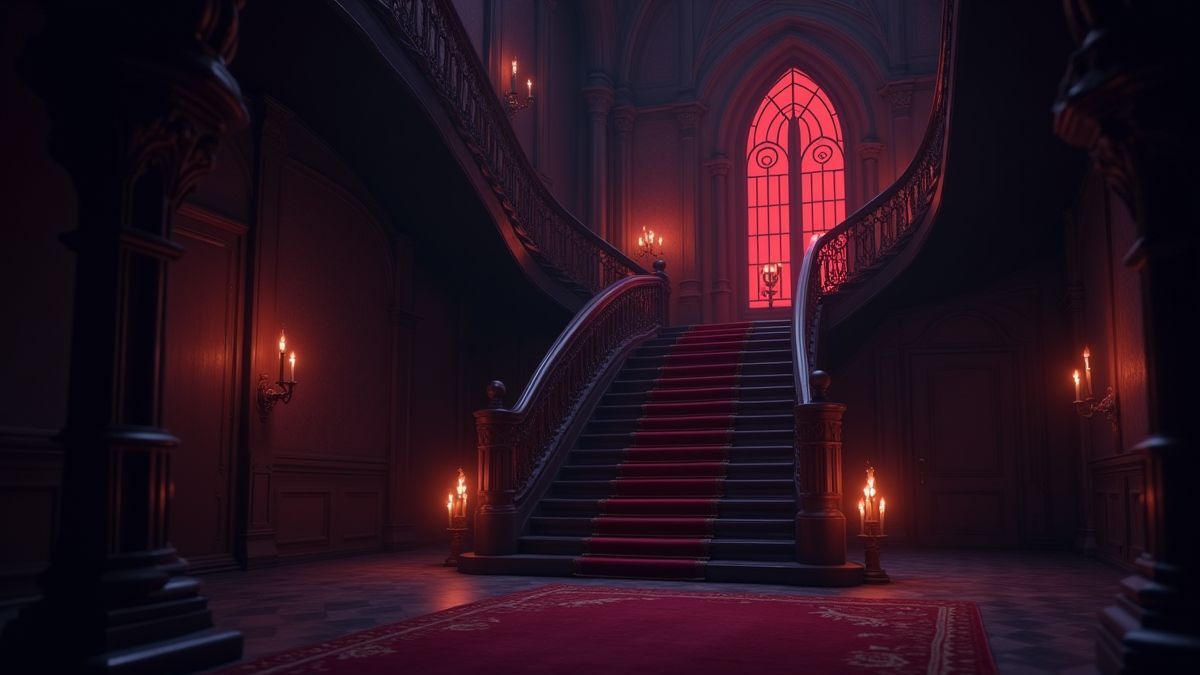 A gothic mansion interior with a grand staircase and flickering candles.