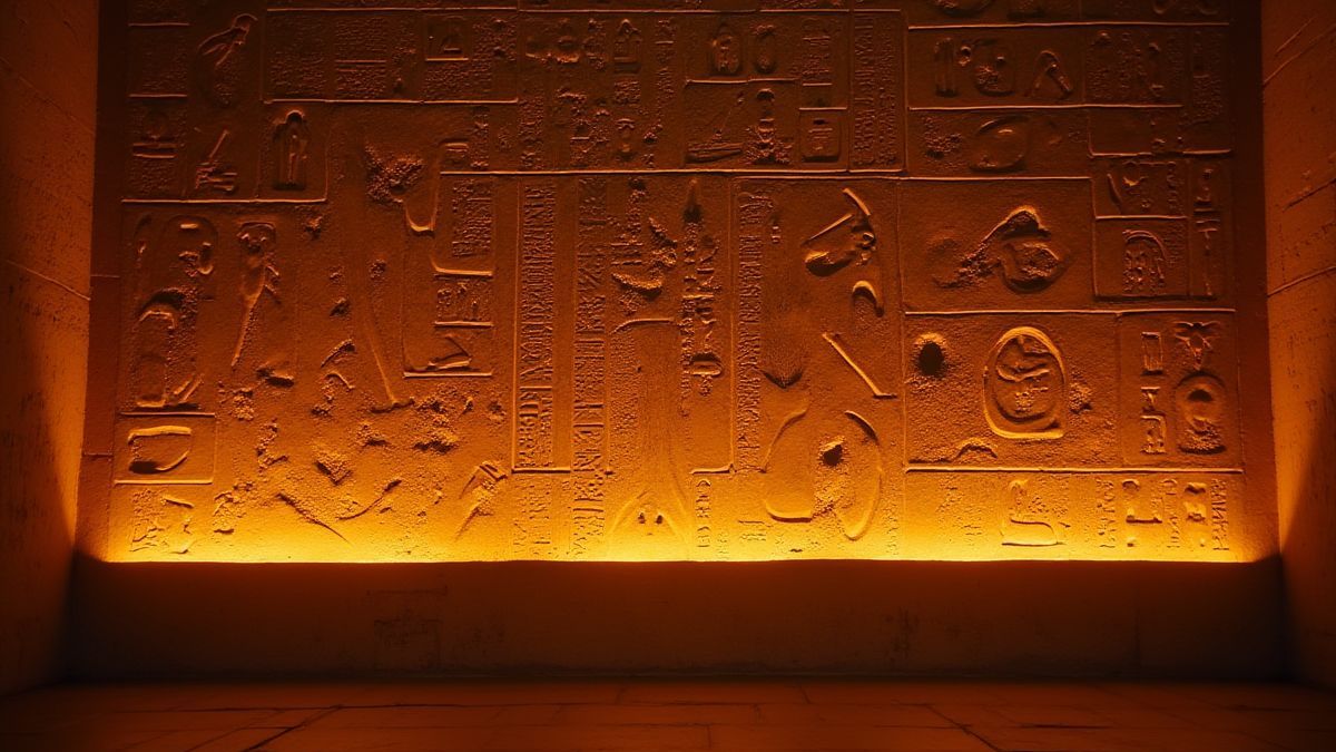 Hiéroglyphes égyptiens brillants sur un mur de temple.