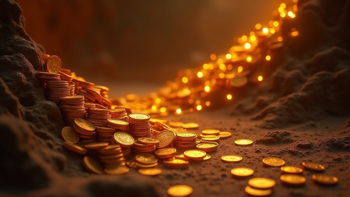 Pièces brillantes tombant dans un environnement égyptien mystique.