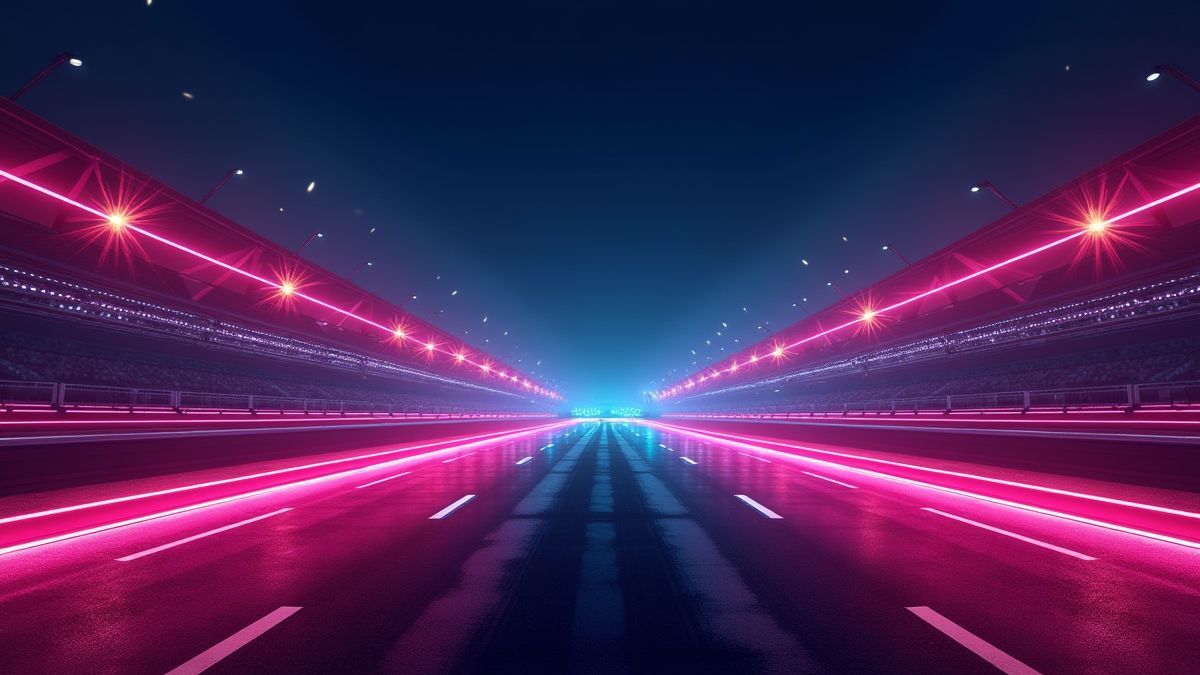 Circuito futurista iluminado con luces de neón.