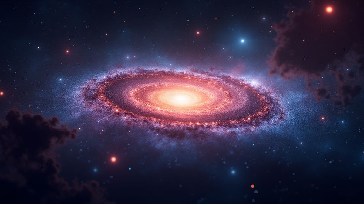 Un diseño de una galaxia con colores vibrantes y estrellas.