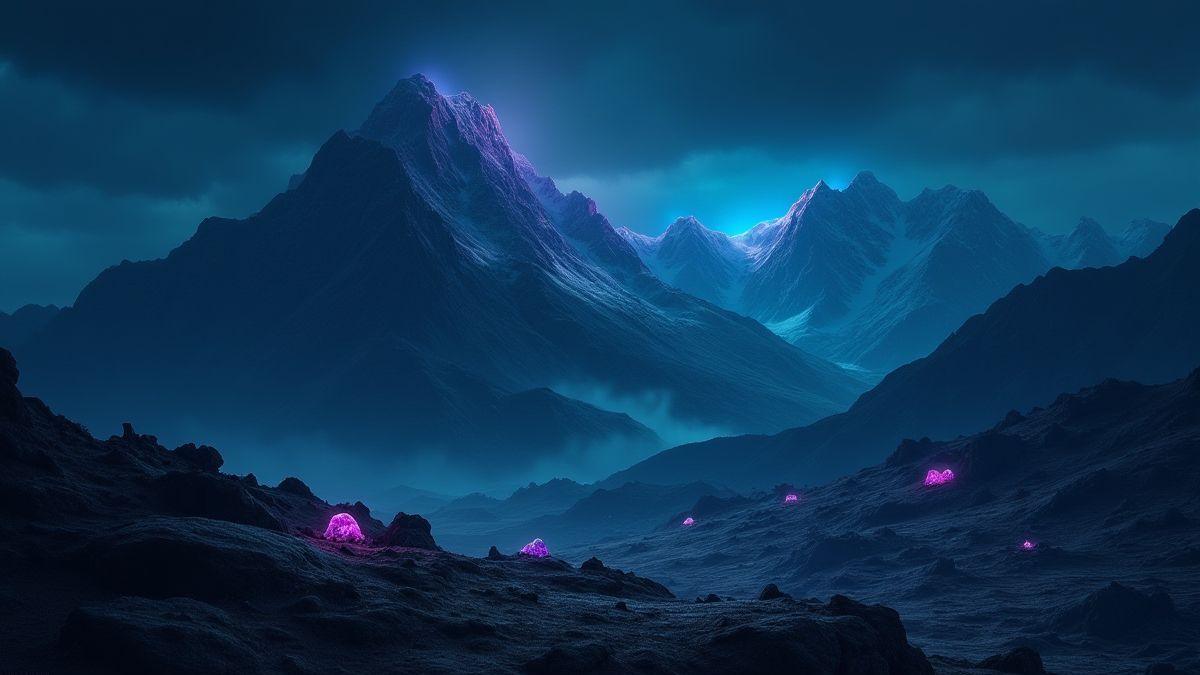 Paisaje montañoso oscuro con gemas brillantes bajo un cielo tormentoso.