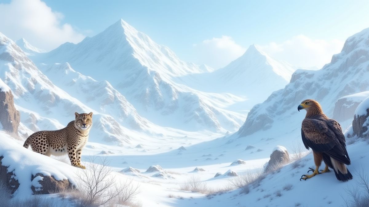 Snowy mountain landscape with wildlife such as leopards and eagles.