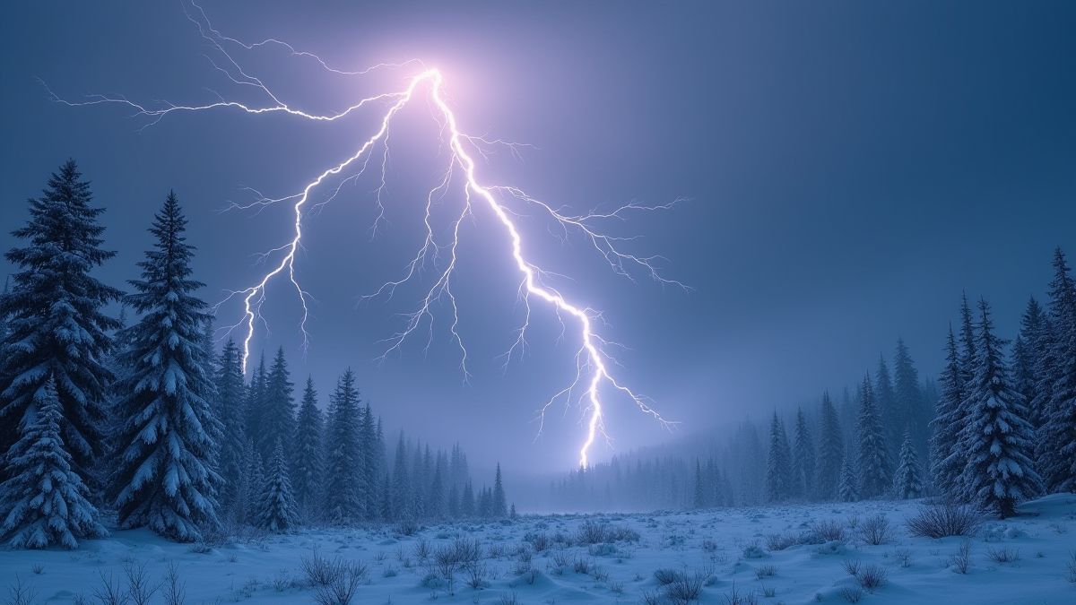 Lightning striking a snowy landscape.