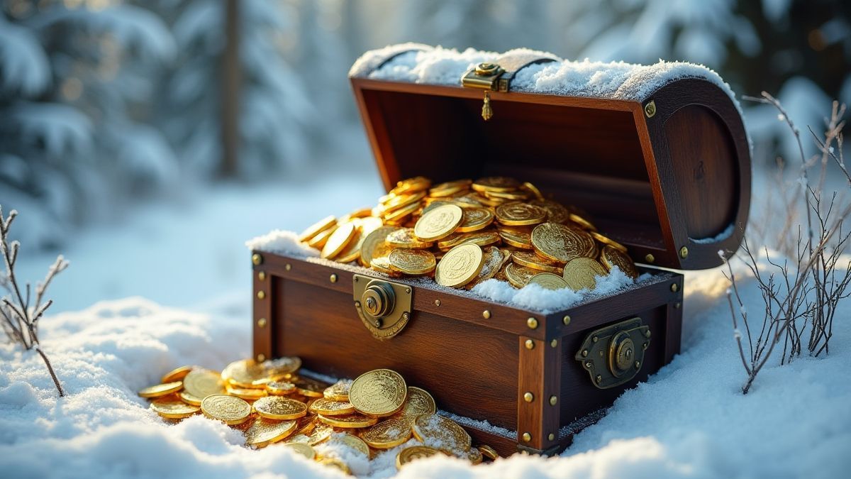 A treasure chest filled with gold coins in a snowy landscape.
