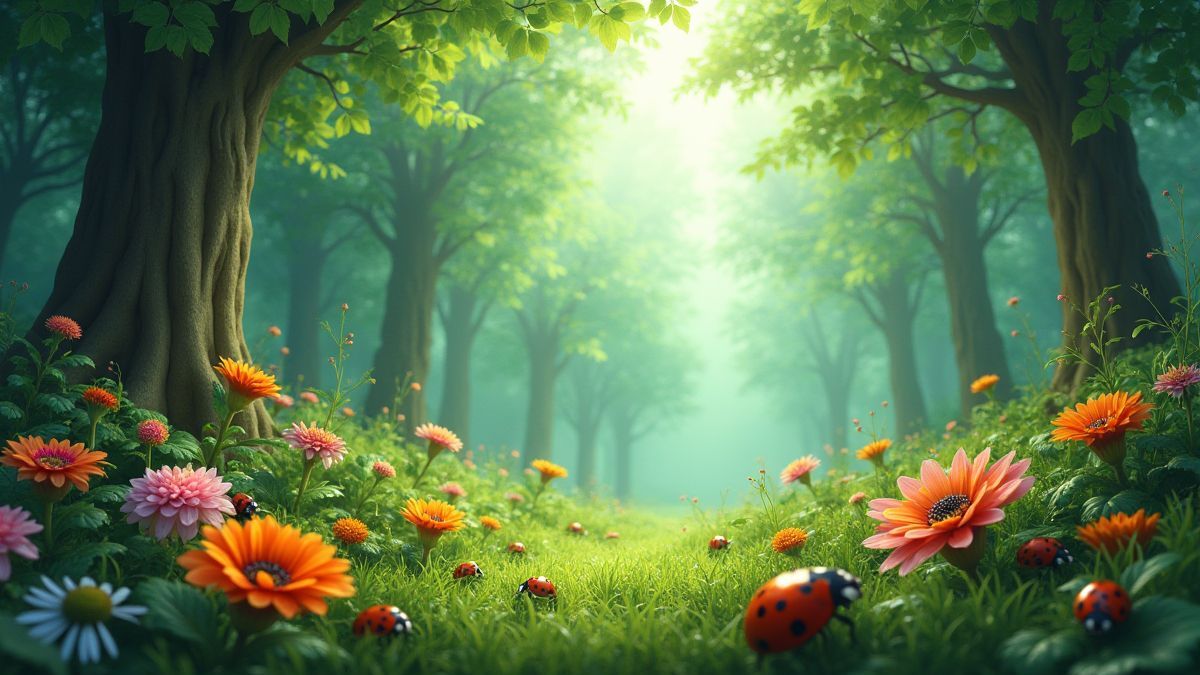 Un bosque lleno de flores y mariquitas.