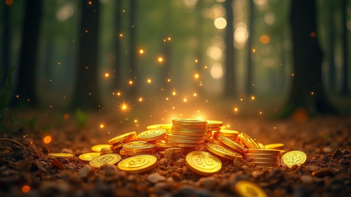 Símbolos brillantes y monedas doradas en un bosque mágico.