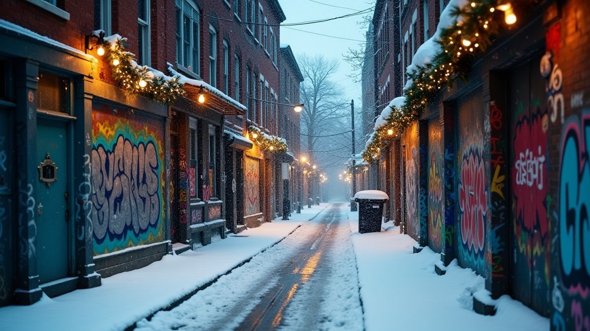 Verschneites urbanes Viertel mit Graffiti und Weihnachtslichtern.