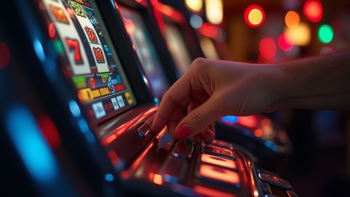 Hand, die den Einsatz an einem Spielautomaten mit Weihnachtsdekoration im Hintergrund anpasst.
