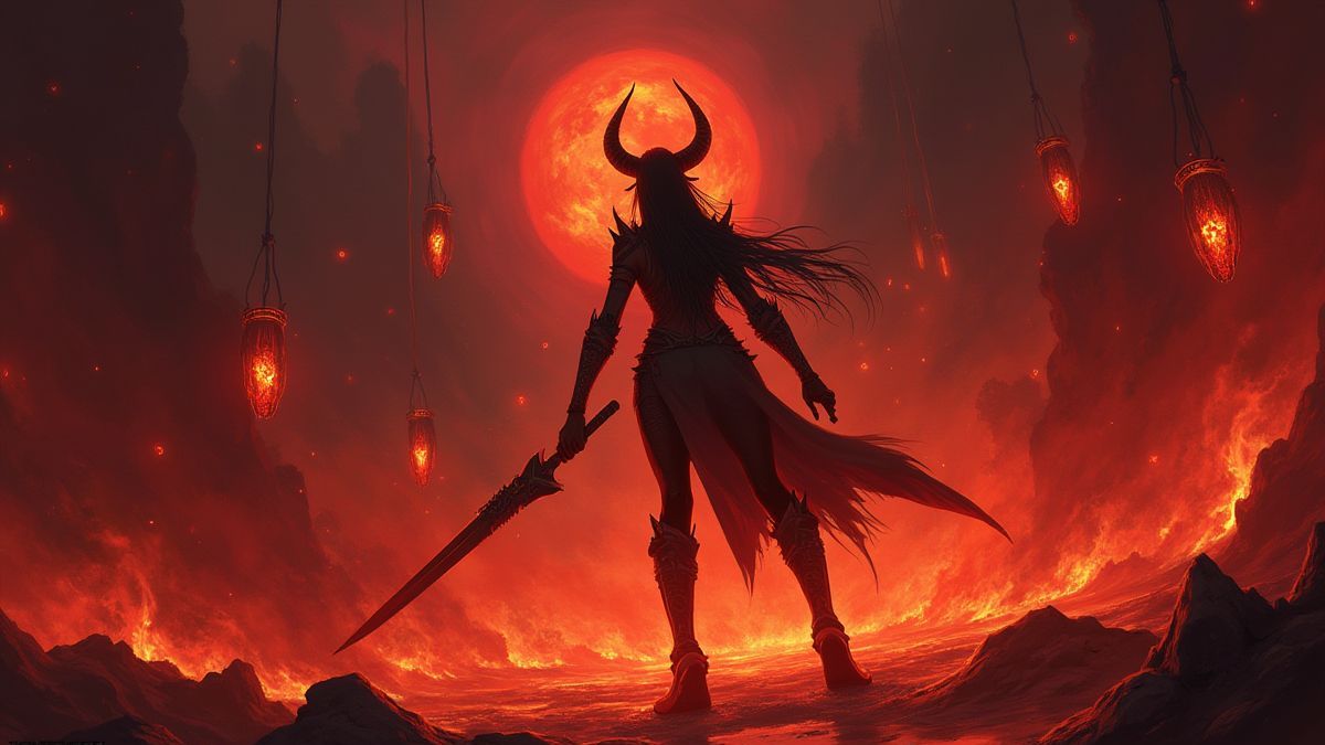 Um inframundo ardente com símbolos brilhantes e uma demoníaca empunhando uma espada