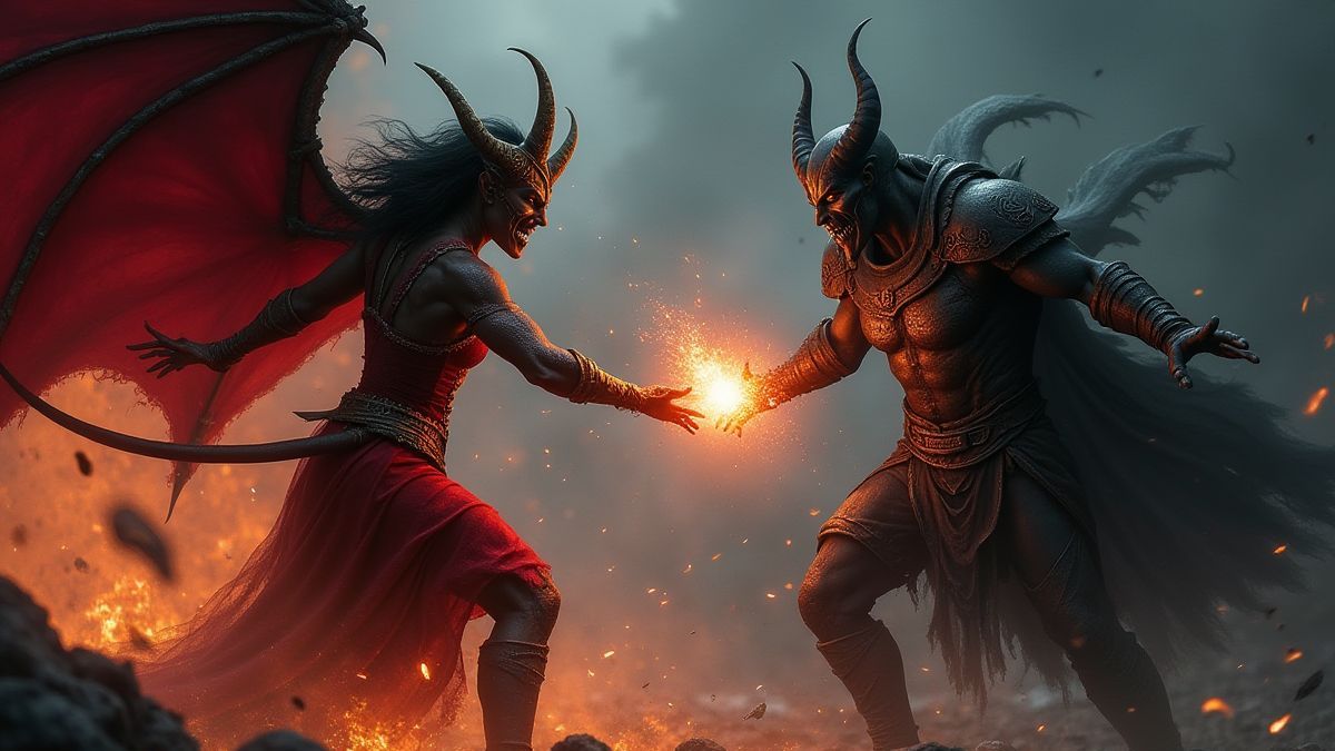 Batalha épica entre Lilith e um guardião sombrio com faíscas voando
