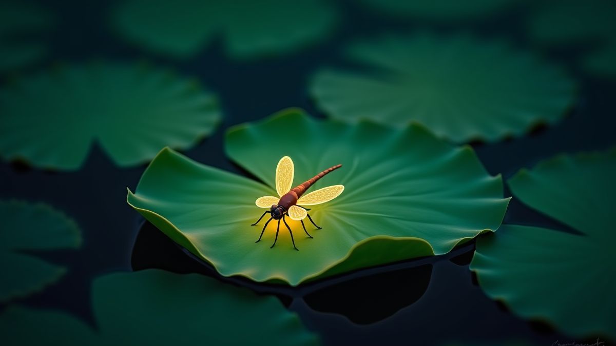 Eine Seerose mit einer leuchtenden Glühwürmchen darauf.