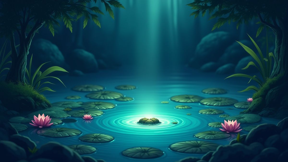 Ein leuchtender Teich mit Schätzen, die unter den Seerosen versteckt sind.