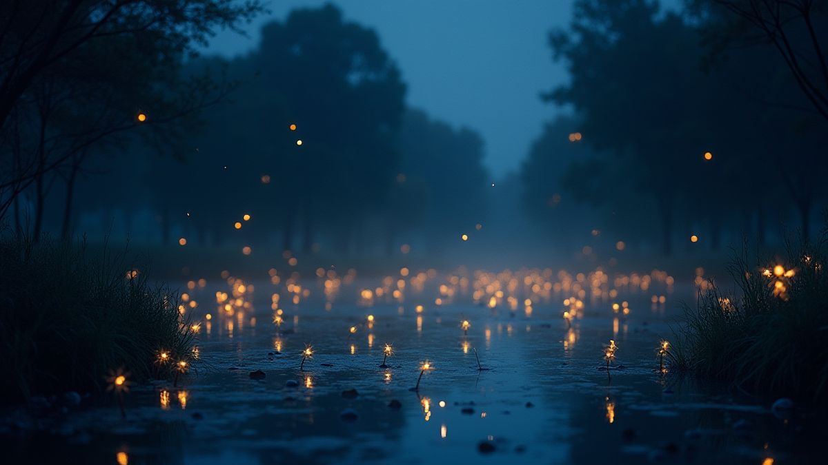 Ein Teich im Dämmerlicht mit leuchtenden Glühwürmchen darum herum.