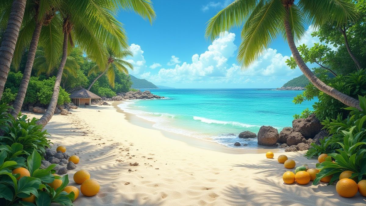 Una playa caribeña con frutas tropicales y vegetación.